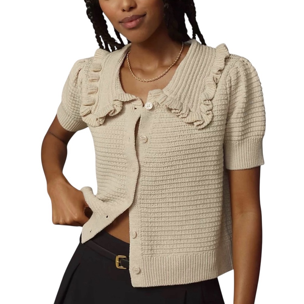 Anthropologie The Ainsley Ruffle-Collar Cardigan Sweater by Self Contrast NWT XL